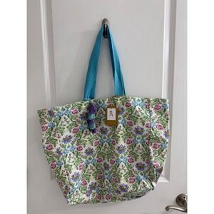 Rachel Ashwell Floral Canvas Tote Bag Blue Purple Cotton Tassel NWT